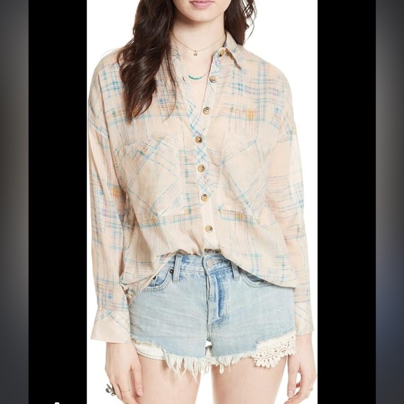 Free people nwot shore vibes plaid cream button up boho casual top fall classic - Picture 1 of 8